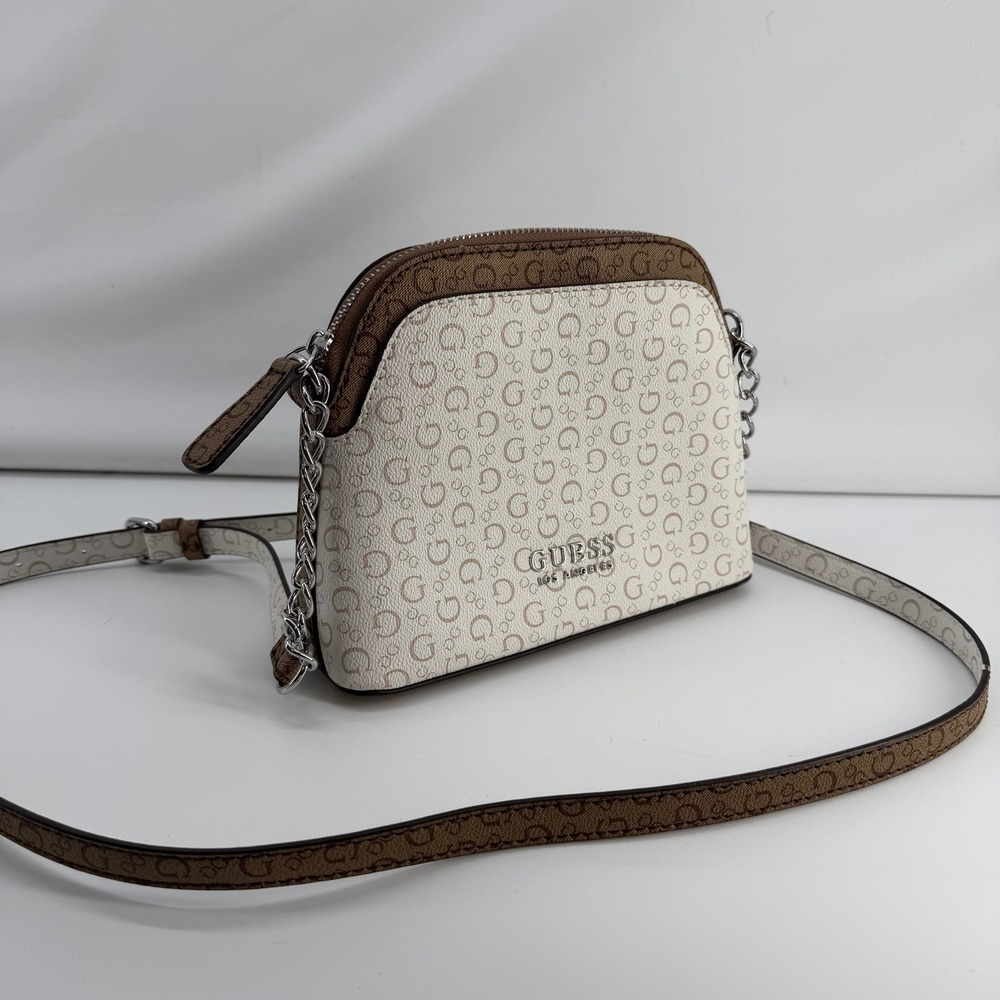 Guess Los Angeles Dome Crossbody Bag Signature G Logo Cream Brown Silver Tone